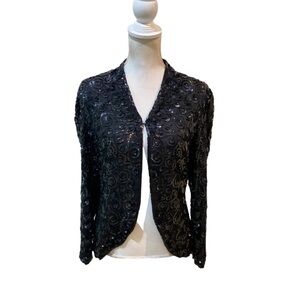 Vintage 1990’s Scala silk lined sequin & bead black collarless jacket sz medium